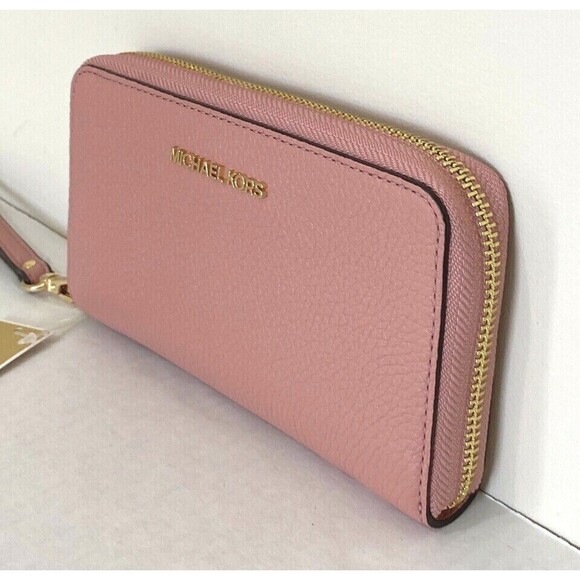 New Michael Kors Jet Set Travel Large Flat phone case Pebble Leather Sunset Rose - Picture 2 of 4